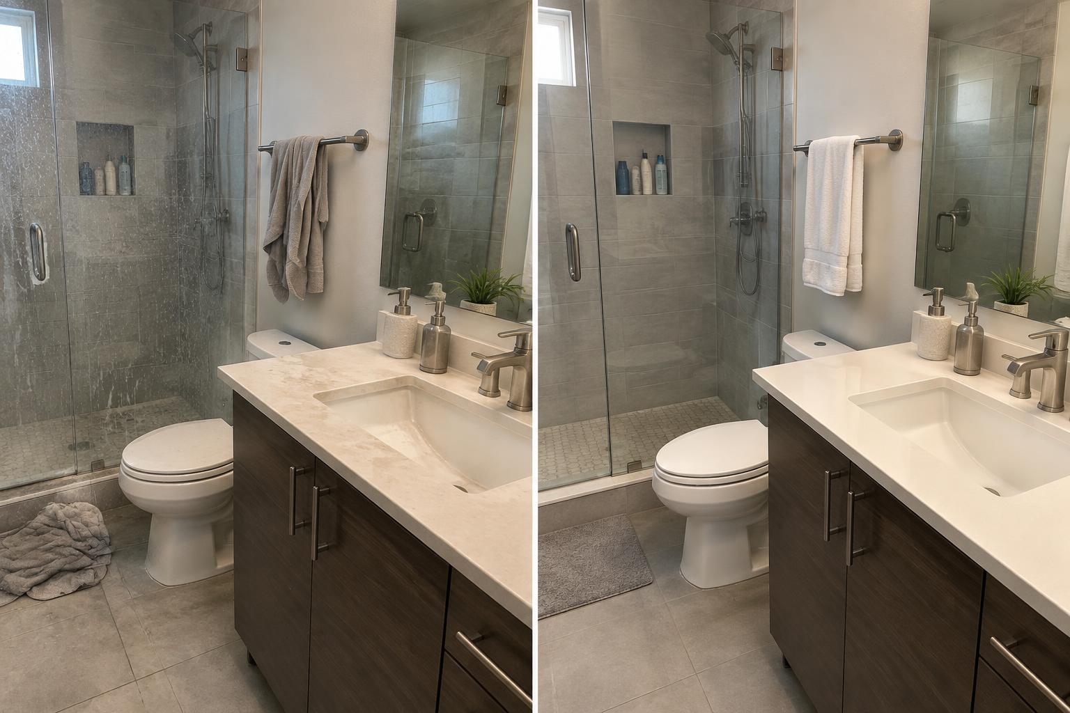 Side-by-side view of the same bathroom before cleaning with spotted shower glass and after cleaning with clear glass and polished fixtures