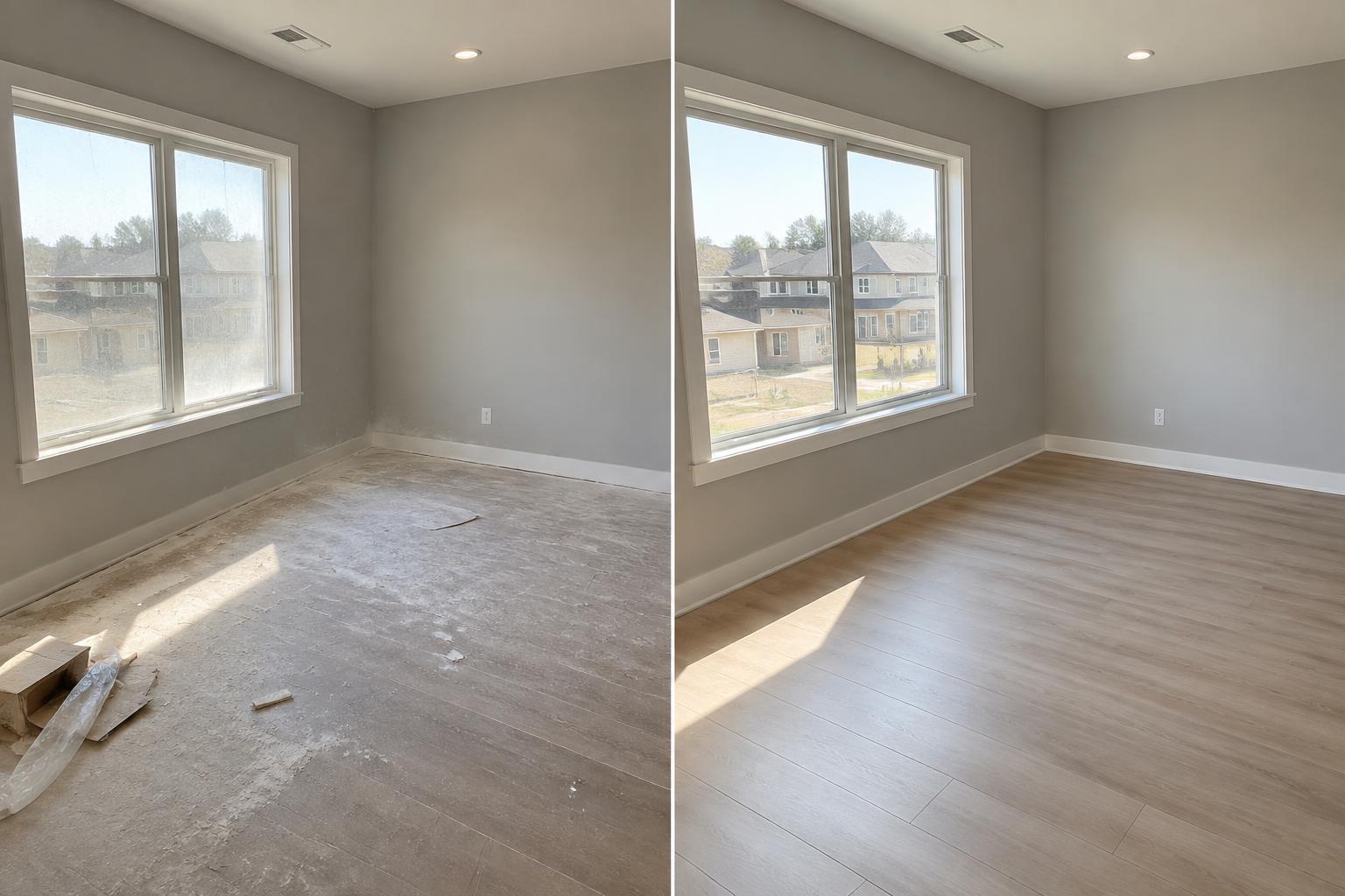 Side-by-side view of the same renovated room before cleanup with construction dust and after cleanup with spotless floors and windows