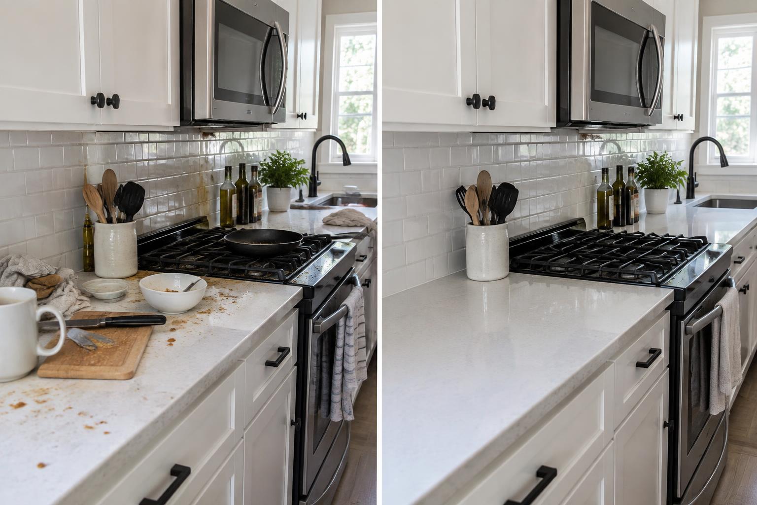 Side-by-side view of the same kitchen before cleaning with a greasy cluttered counter and after cleaning with spotless polished surfaces