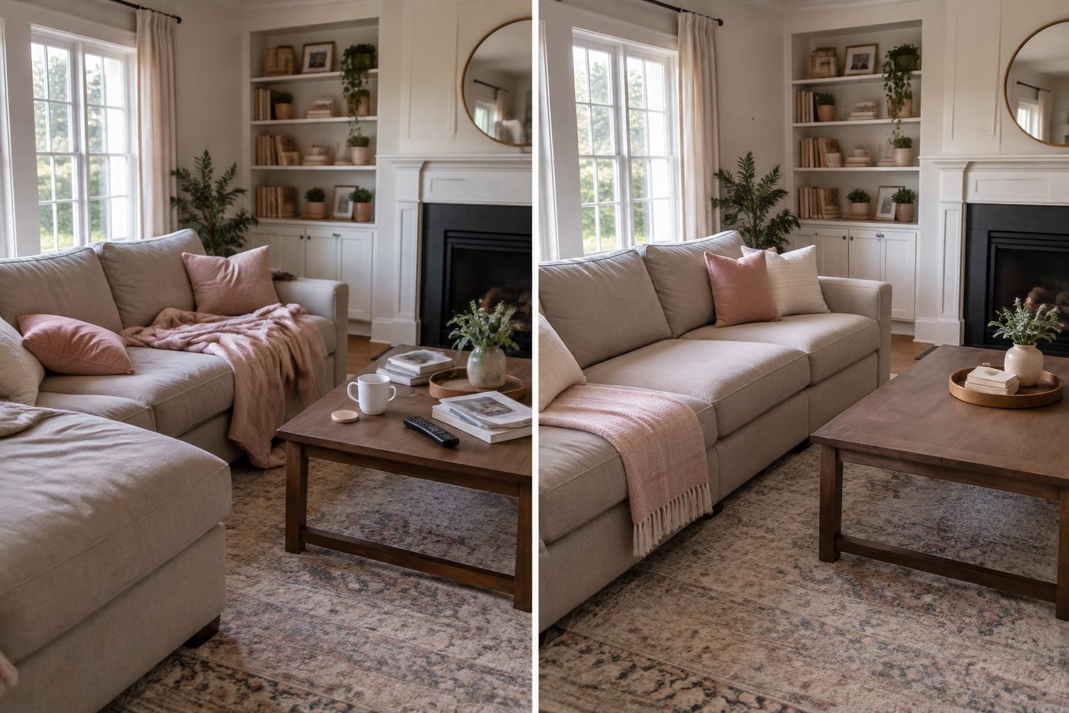 Side-by-side view of the same living room before tidying and after cleaning with arranged cushions and clear dust-free surfaces