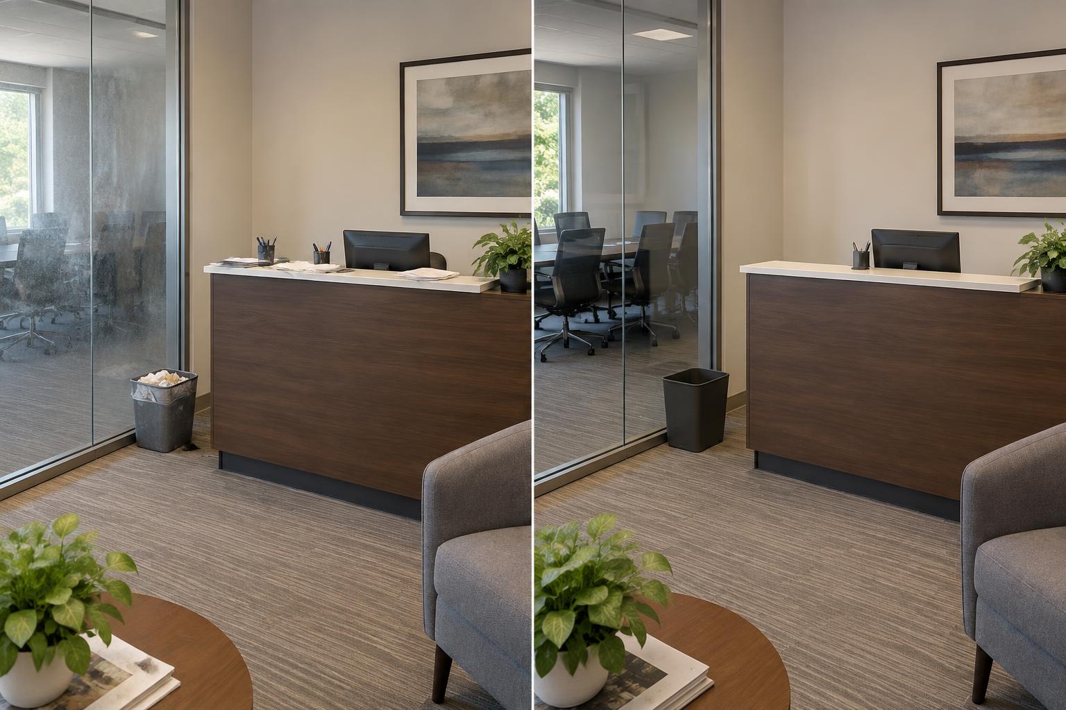 Side-by-side view of the same office reception before cleaning and after cleaning with clear glass and an orderly desk