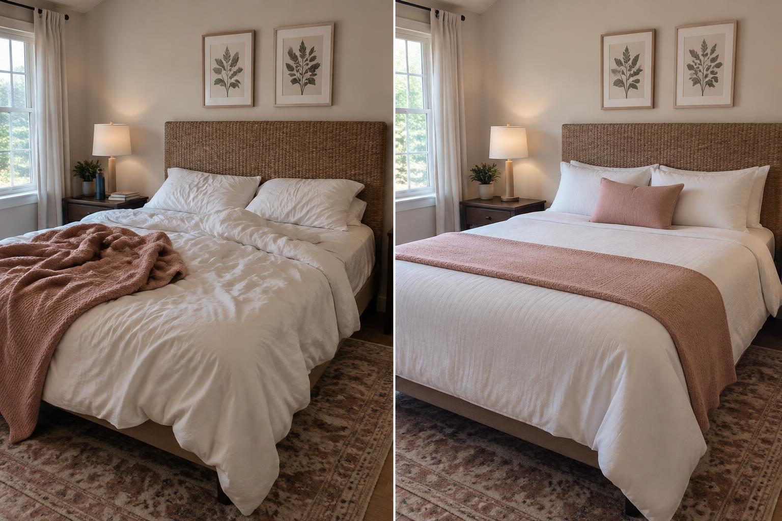 Side-by-side view of the same rental bedroom before turnover and after cleaning with crisp professionally arranged bedding