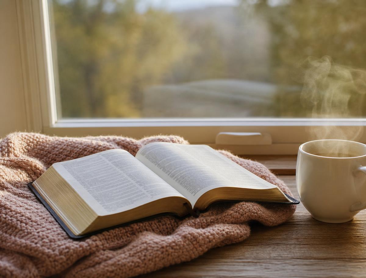 Open Bible on a blush knit blanket beside a steaming mug at a window
