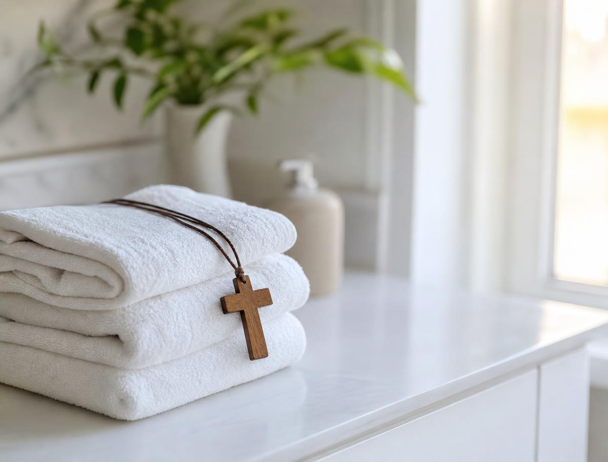 Wooden cross necklace resting on a stack of clean white towels