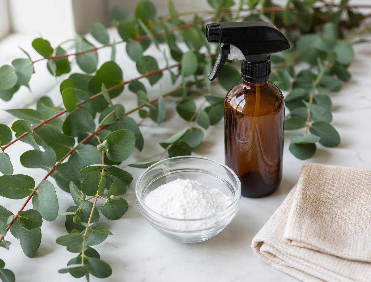 Eucalyptus, baking soda and an amber spray bottle arranged on a white counter