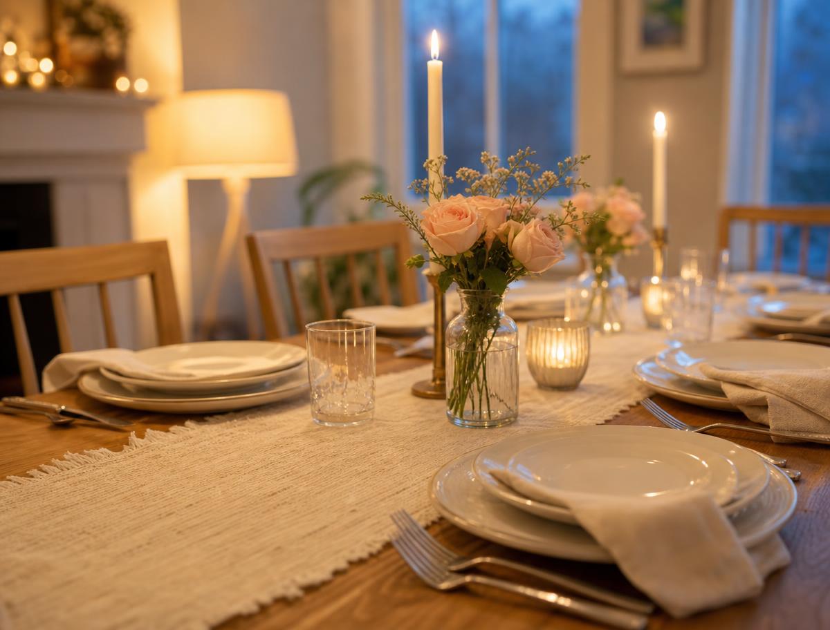 Welcoming set dining table with linen napkins and blush roses in candlelight