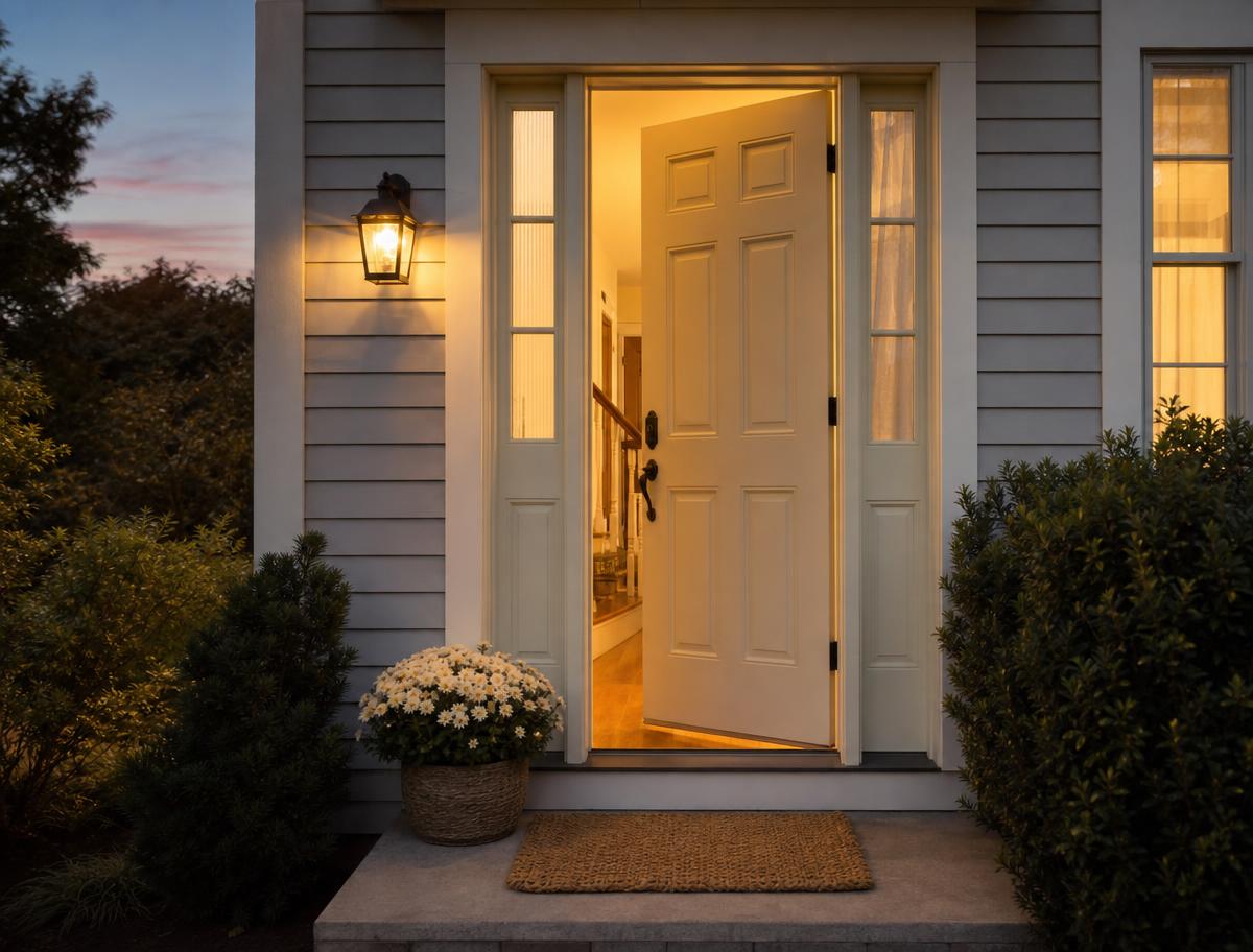 Cream front door standing open with warm light spilling onto the step at dusk