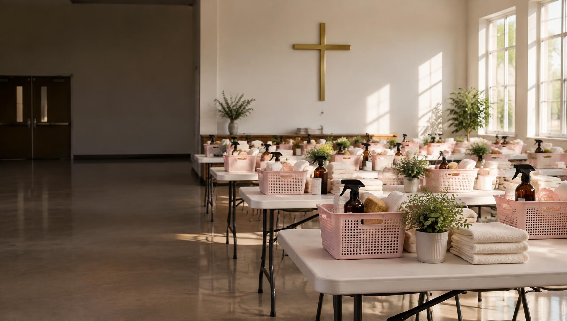 A sunlit church community room prepared with pink care baskets, clean towels and non-toxic cleaning supplies