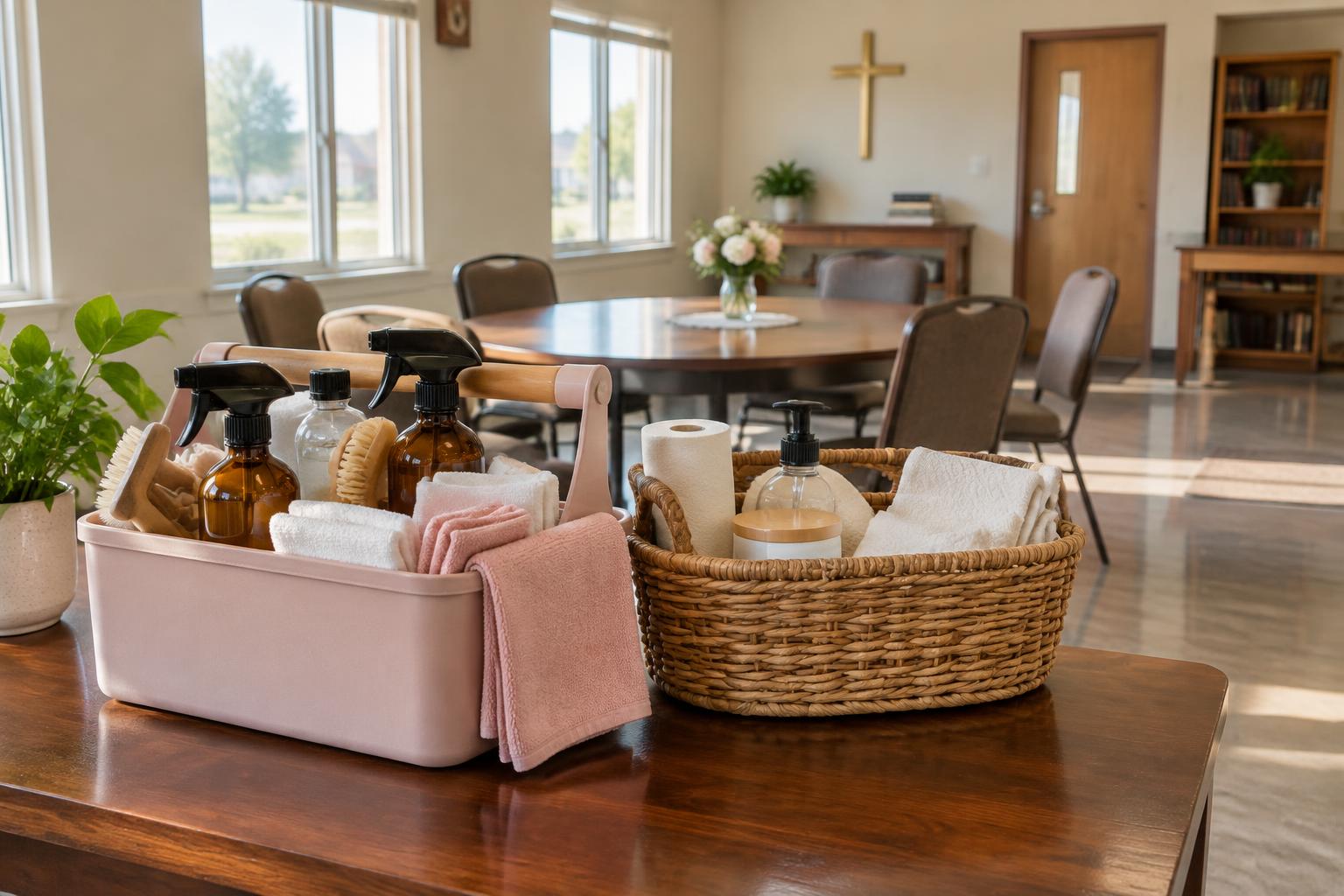 Freshly prepared community room with a pink cleaning caddy, folded towels and non-toxic cleaning supplies