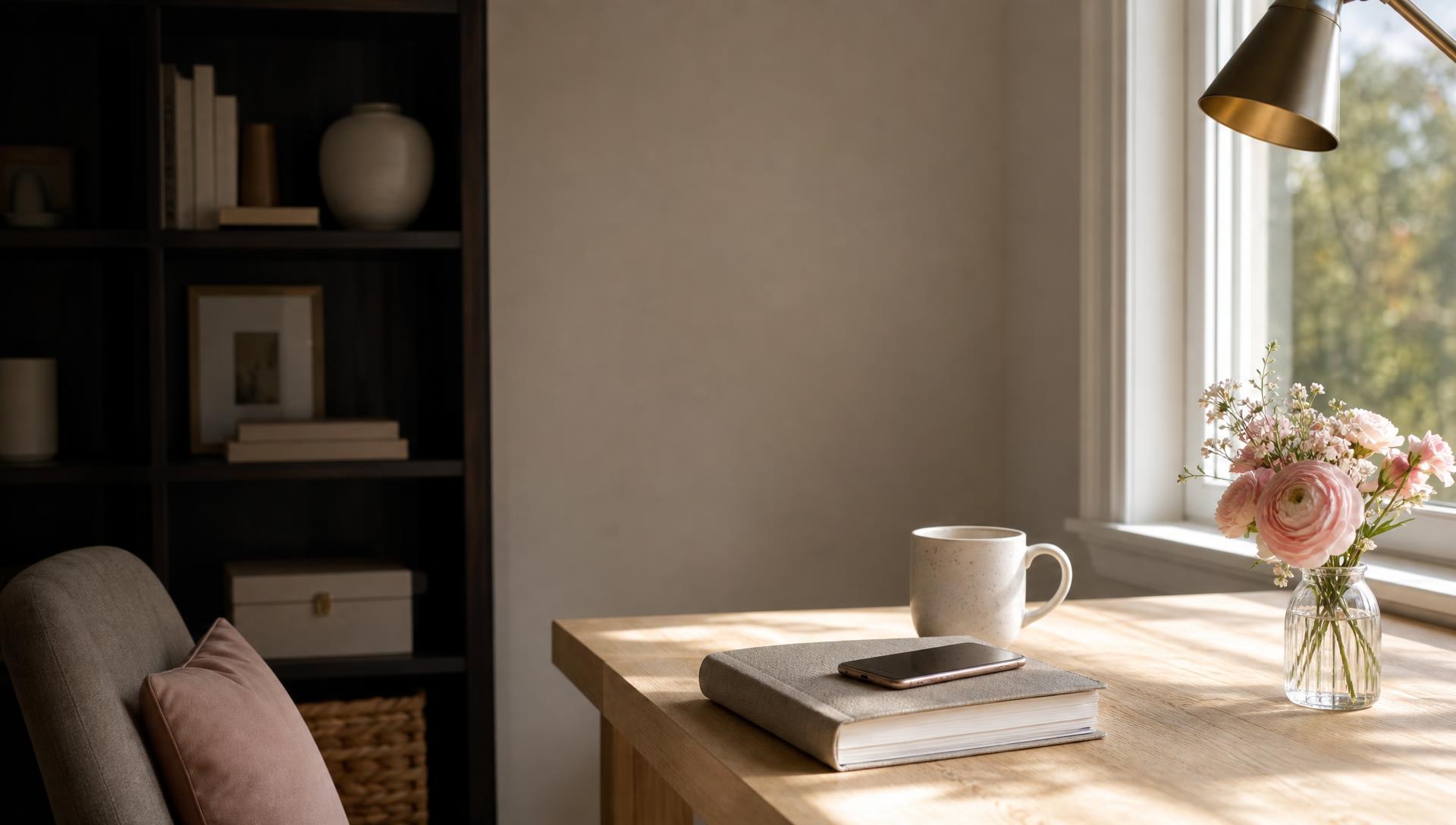 Calm home office desk spanning from a shadowed dark bookshelf to a sunlit oak surface with a phone, linen notebook, ceramic mug and blush flowers by the window