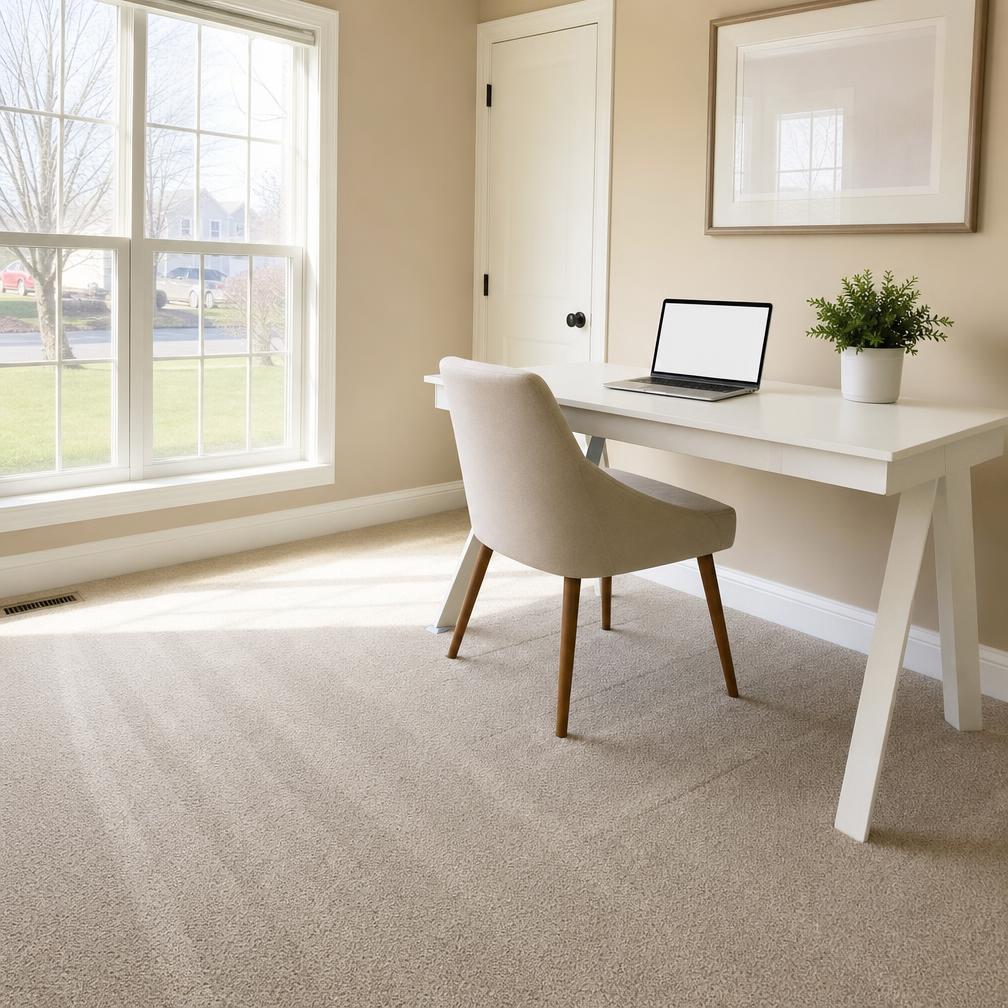 Sunlit home office with a clean white desk and freshly vacuumed carpet