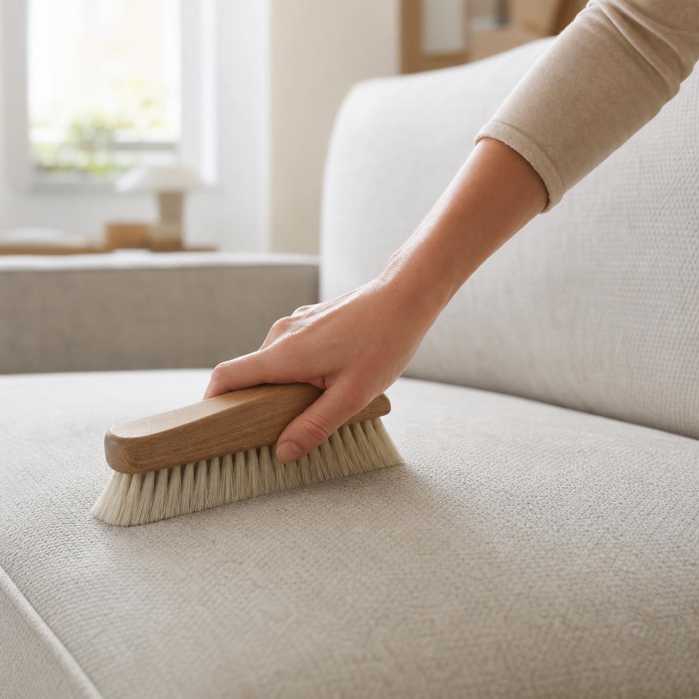 Upholstery brush grooming a cream linen sofa cushion