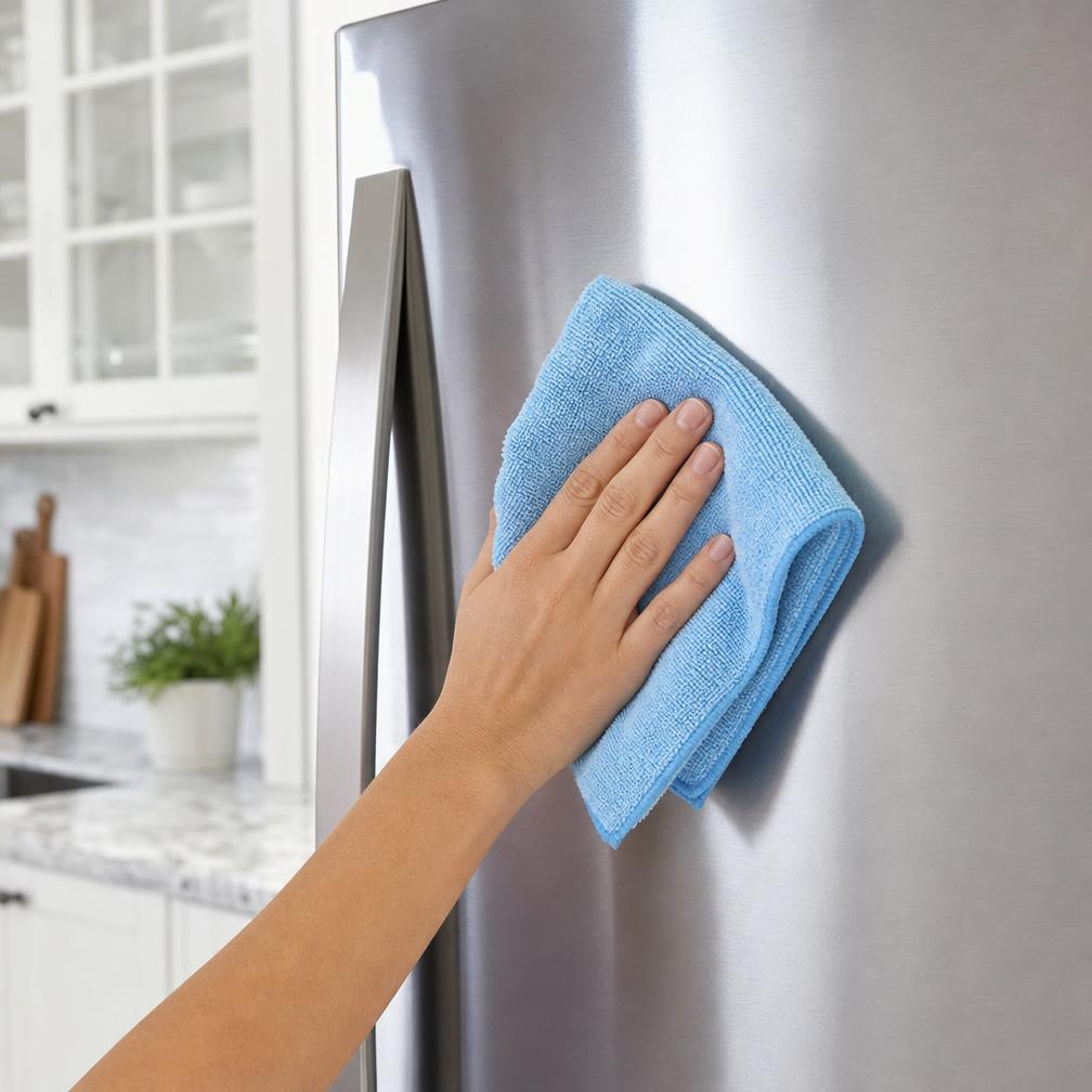 Microfiber cloth wiping a stainless steel refrigerator streak-free