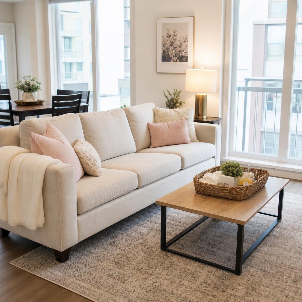 Guest-ready rental living room with cream sofa and welcome basket