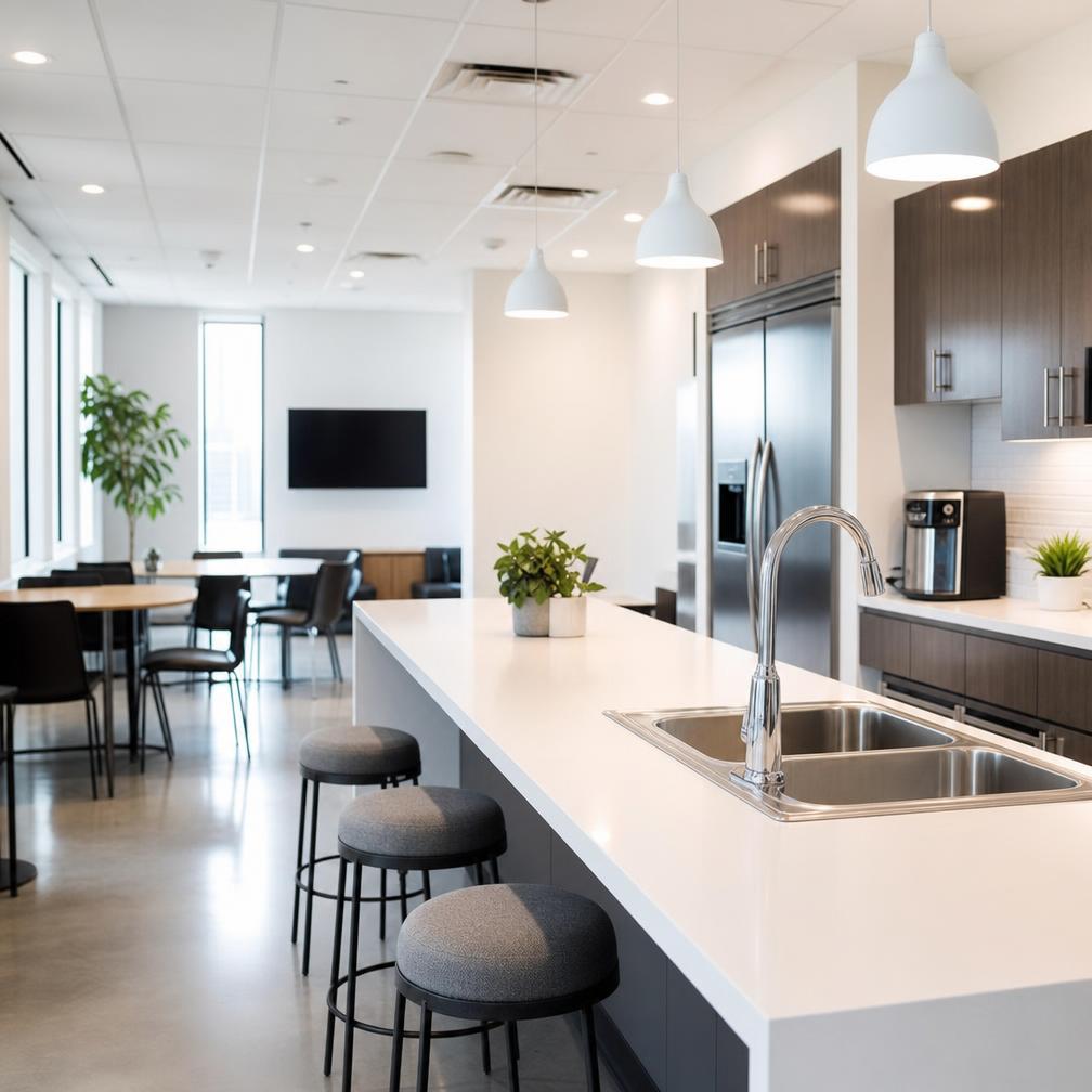 Immaculate office break room with white counters and clean sink