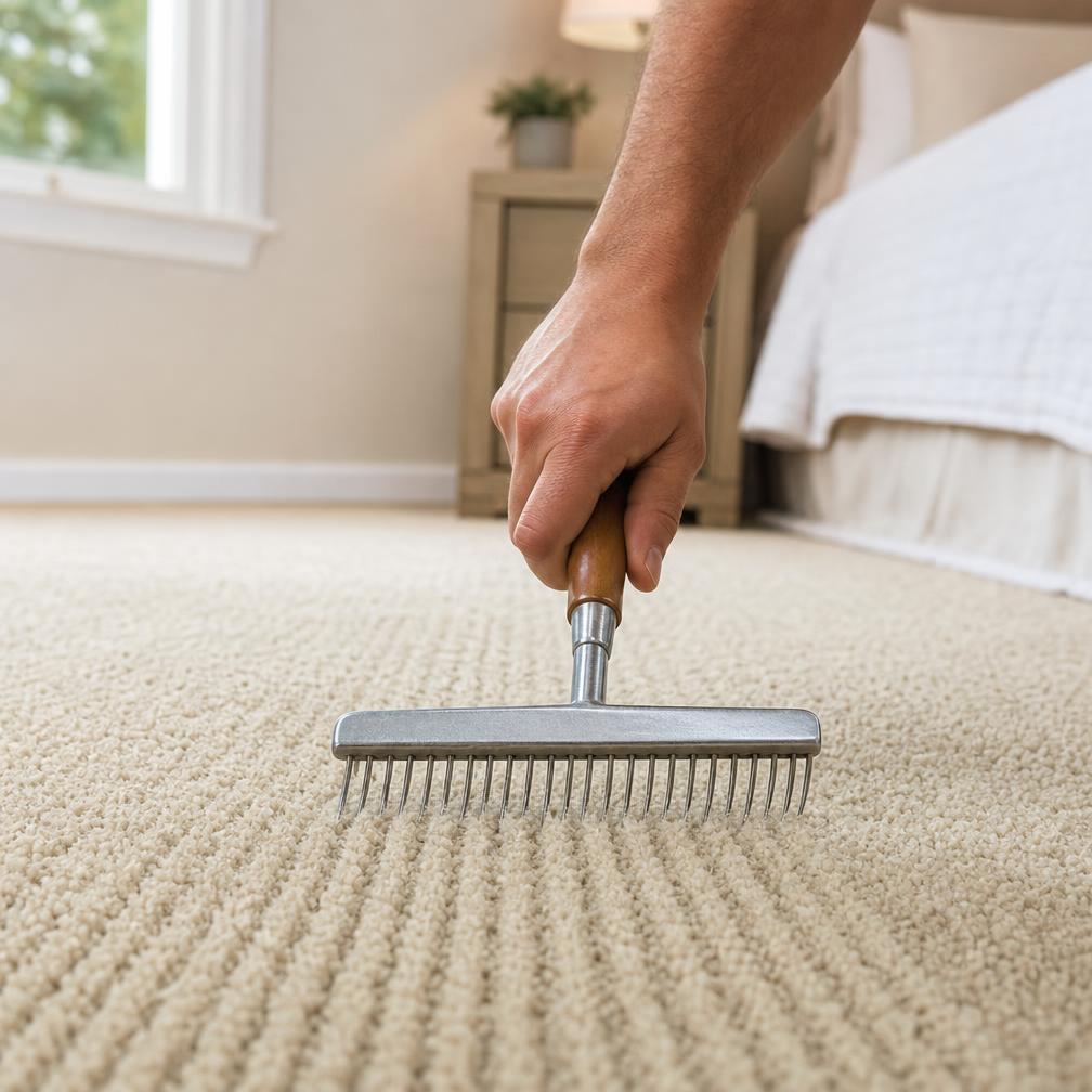 Carpet rake grooming a cream bedroom carpet into neat lines