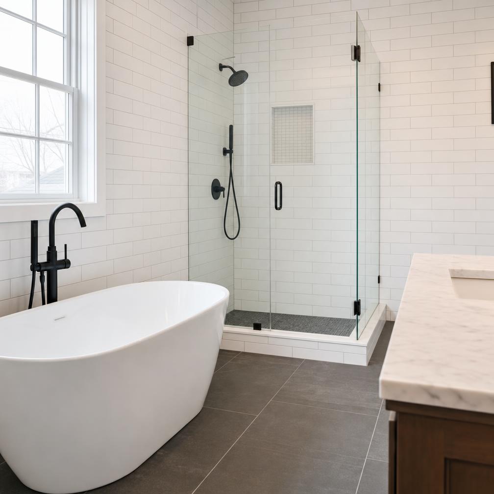 Spotless newly renovated bathroom with freestanding tub after construction cleaning