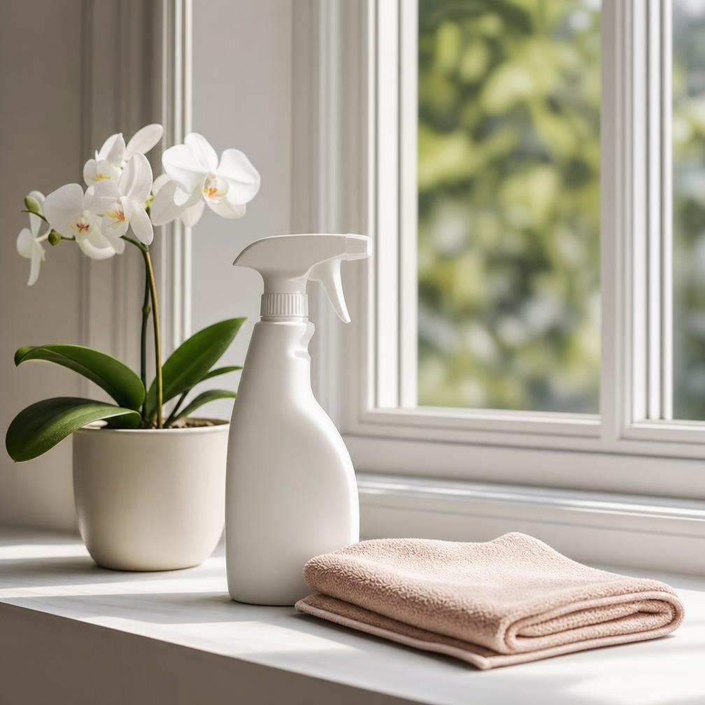 White spray bottle and blush cloth on a sunlit windowsill beside an orchid