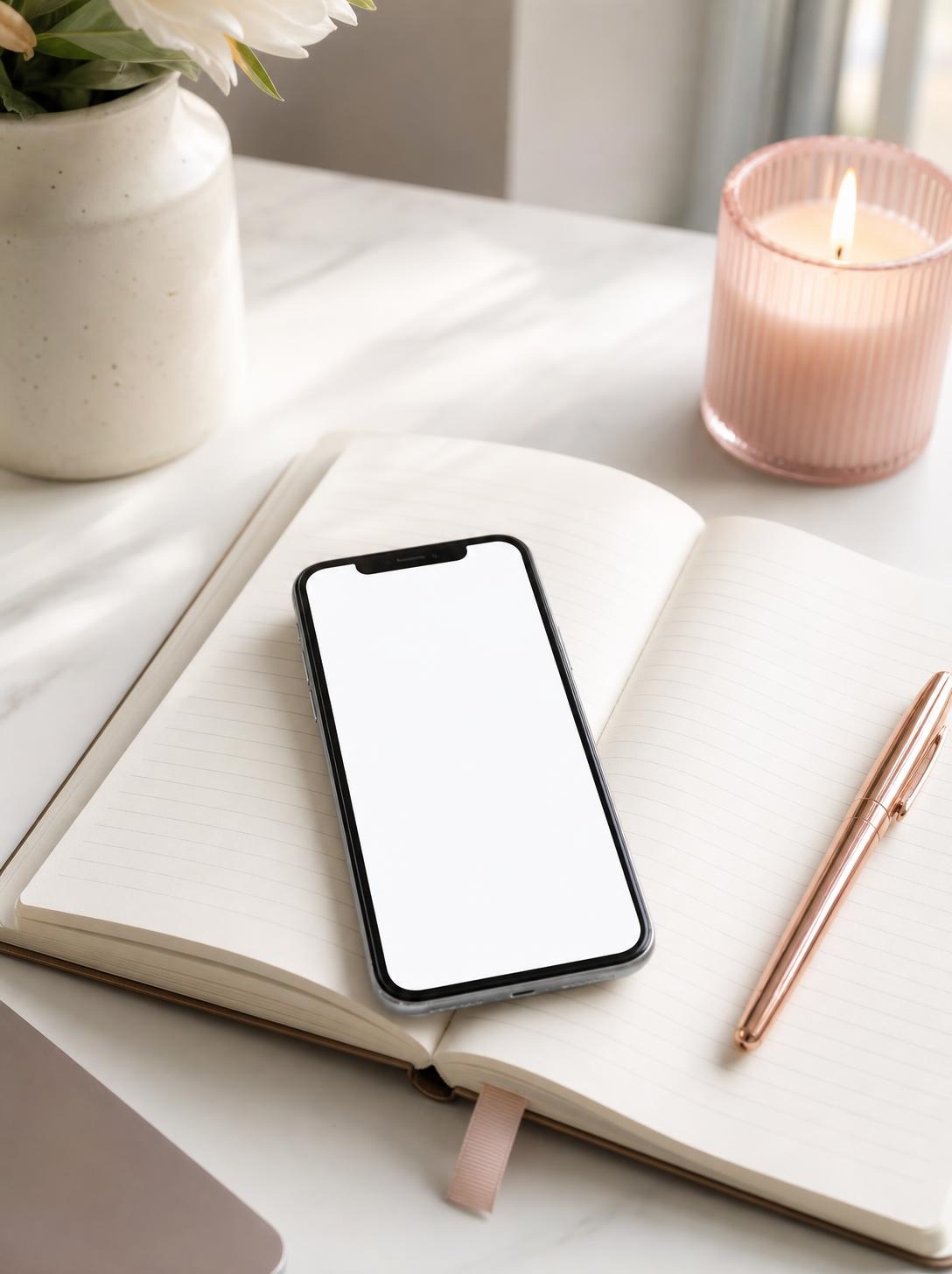 Phone resting on an open notebook beside a lit blush candle